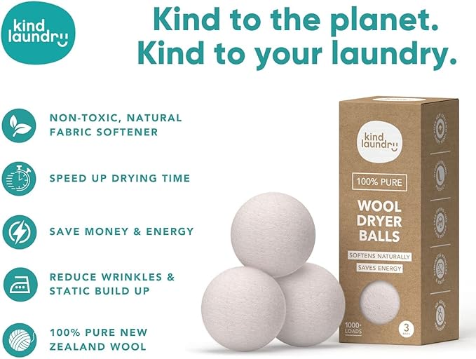 Kind Laundry - Wool Dryer Balls, Tavel Natural Dryer Balls, Pure New Zealand Wool Dryer Balls Laundry Essentials, Dryer Balls for Pet Hair Removal & Lint Collection, Pack of 3