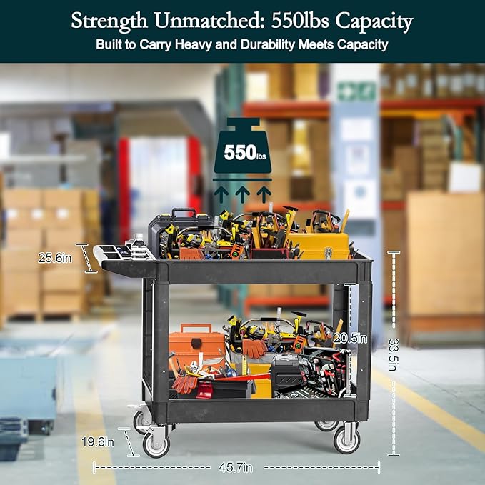 Heavy Duty Cart Utility Cart, Heavy Duty Rolling Service with Wheels, 500lbs Load Capacity, Durable Plastic & Deep Shelves for Warehouse, Garage, Cleaning - Swivel Wheels Easy Maneuverability