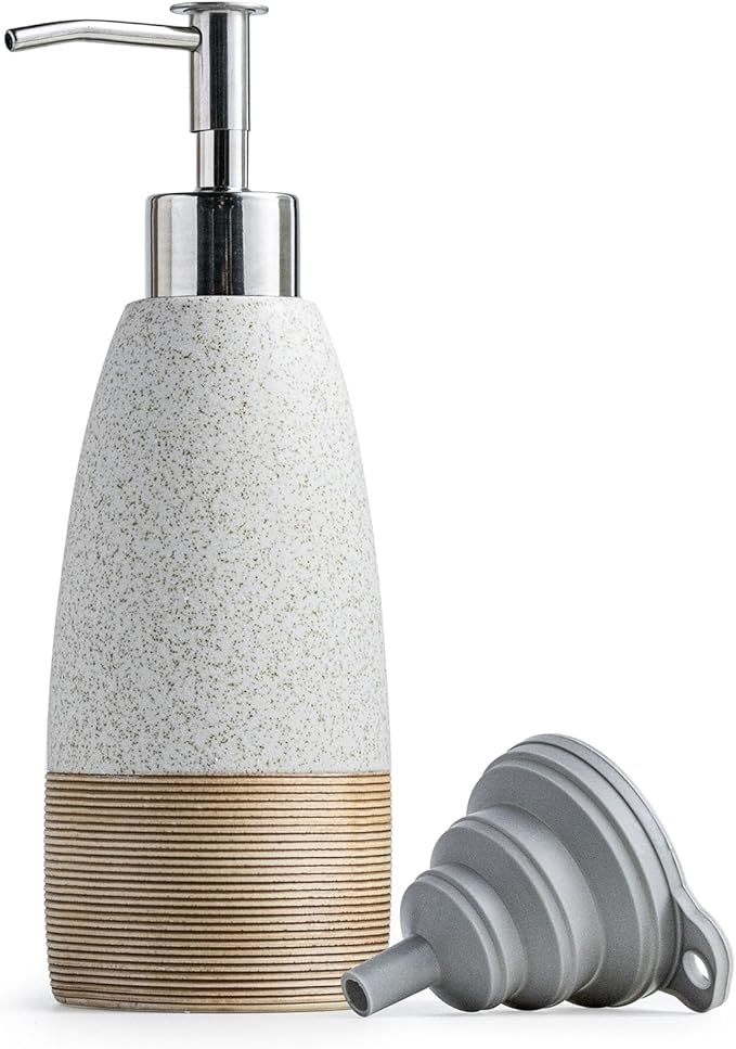12 oz Dish Soap Dispenser with Plastic Pump & Stainless Steel Pump for Hand Soap, Shampoo, Lotion, Conditioner, Ceramic Refillable Soap Bottle with Silicone Funnel for Bathroom & Kitchen, White