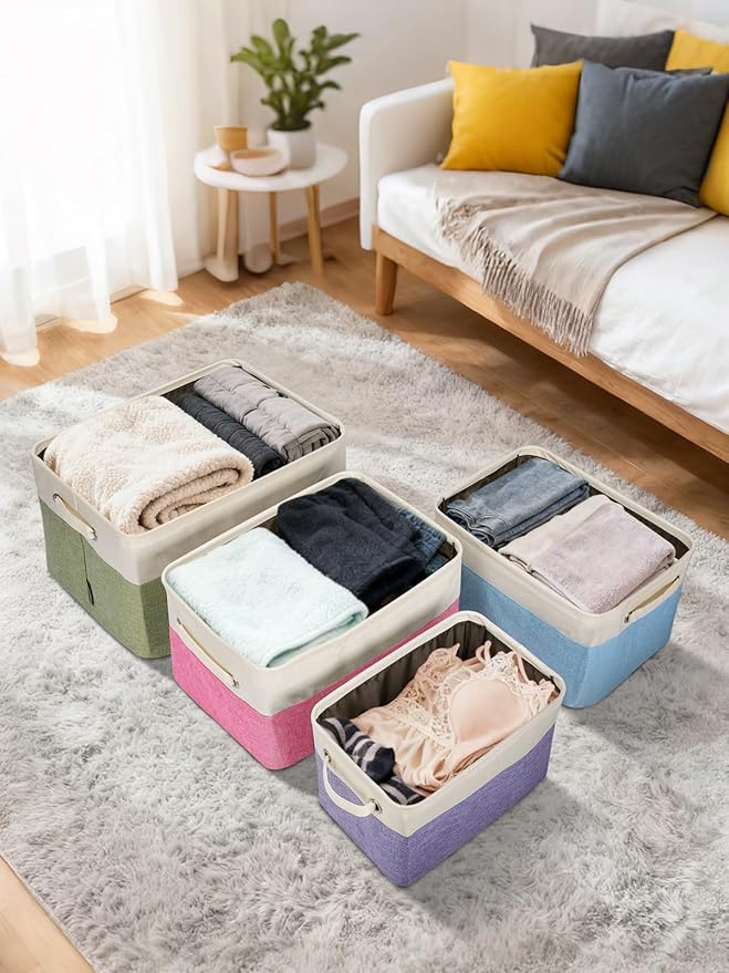 BALEINE 3 Pack Fabric Storage Bins for Shelves, Linen Storage Baskets for Organizing, Decorative Closet Bins for Clothes, Home (Navy Blue, 12"x8"x8")