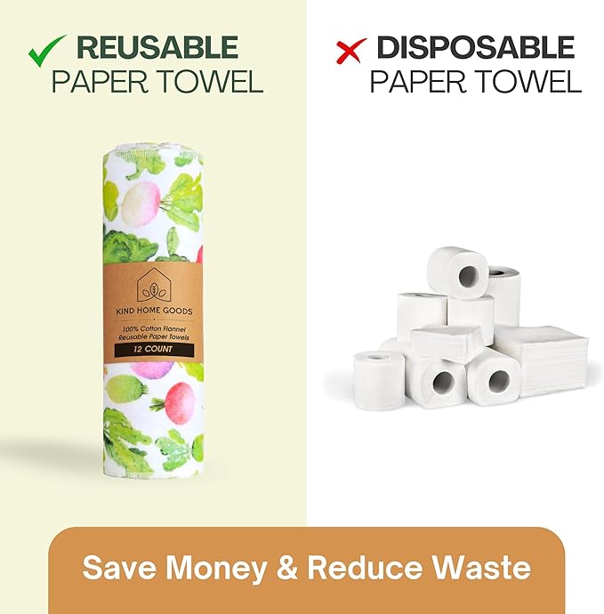Reusable Paper Towels (12"x10”) - Soft Absorbent 100% Cloth Paper Towels-Washable Paper Towels Rolls w/Cardboard Roll-Reusable Napkins Washable-Dish Cloths (Summer Radish, 12x10inch)