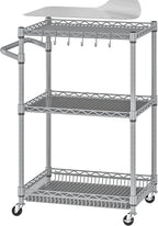 Metal Rolling Cart, 3 Tier Kitchen Cart with Wheels Wire Utility Trolley with Handle, Heavy Duty Tiered Rolling Shelf Trolley for Food Serving Tools Storage, Gray