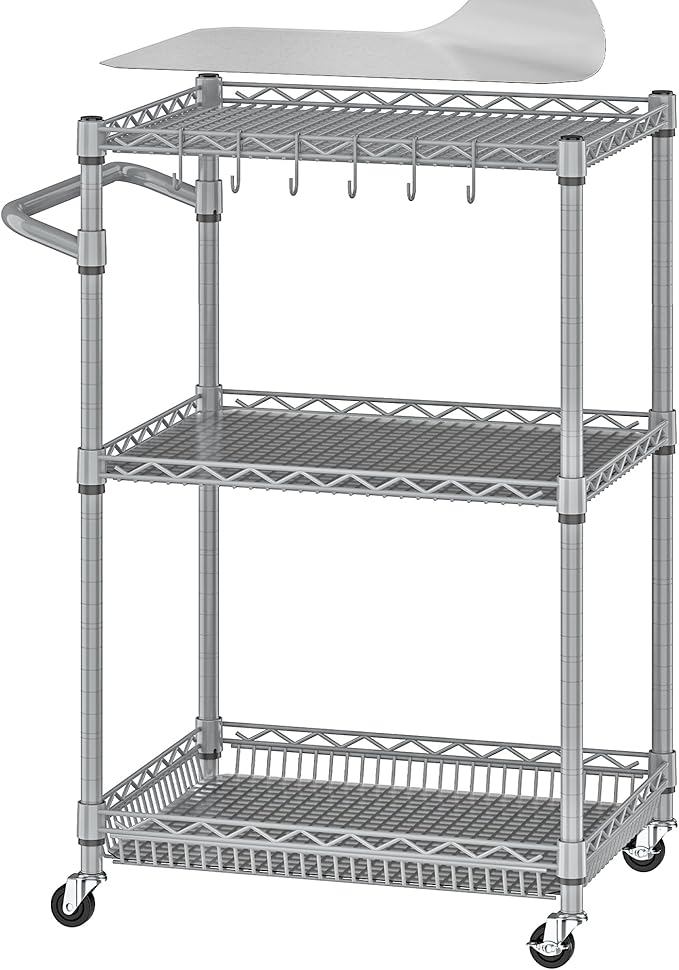 Metal Rolling Cart, 3 Tier Kitchen Cart with Wheels Wire Utility Trolley with Handle, Heavy Duty Tiered Rolling Shelf Trolley for Food Serving Tools Storage, Gray
