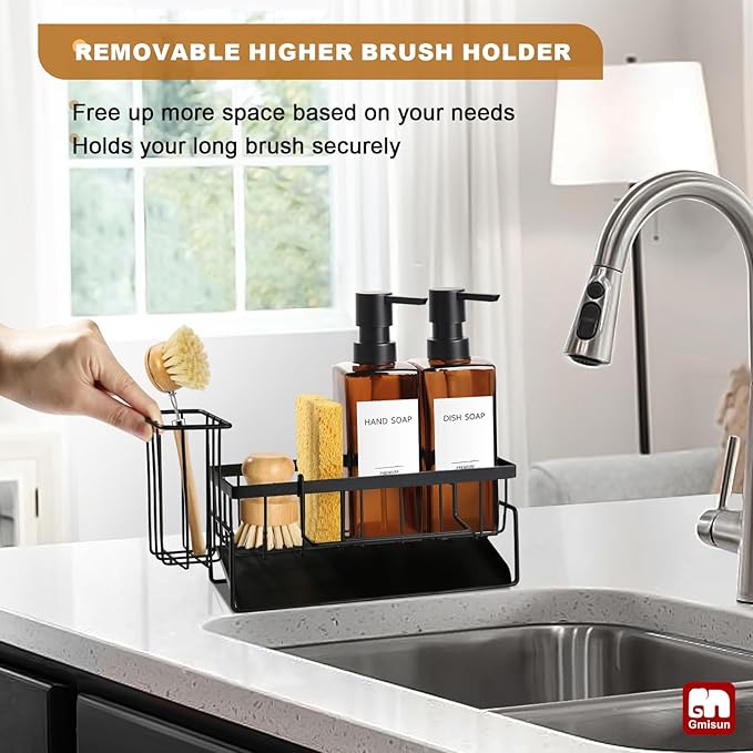 GMISUN Dish Soap Dispenser, 12 Fl oz / 350 ml Dual Soap Dispenser with Sponge Holder, Customized Amber Glass Kitchen Soap Dispensers Set, Modern Hand and Dish Soap Dispensers Set Removable