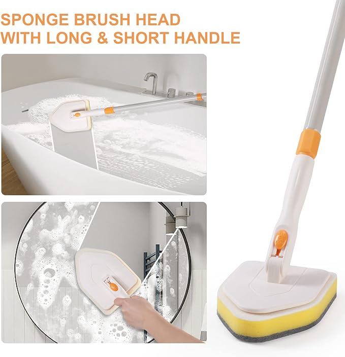 3 in 1 Shower Scrubber Cleaning Brush with Long Handle, 50'' Tub and Tile Grout Scrub Brush Stiff Bristles Lock in Place Scrub Brush Head for Bathroom Kitchen Wall Floor Bathtub Sink Glass - Upgrade