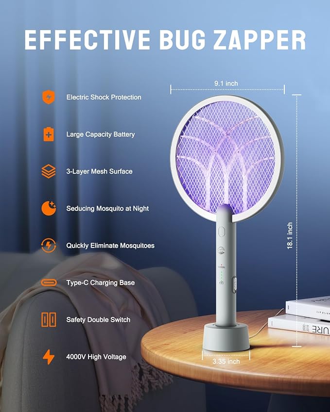 Electric Fly Swatter Racket, Mosiller 2 in 1 Smart Bug Zapper & Power Take Off Generators with USB Rechargeable Base, Powerful Mosquitoes Trap Lamp & Fly Killer for Home, Bedroom(Light Grey（2 Pack）)