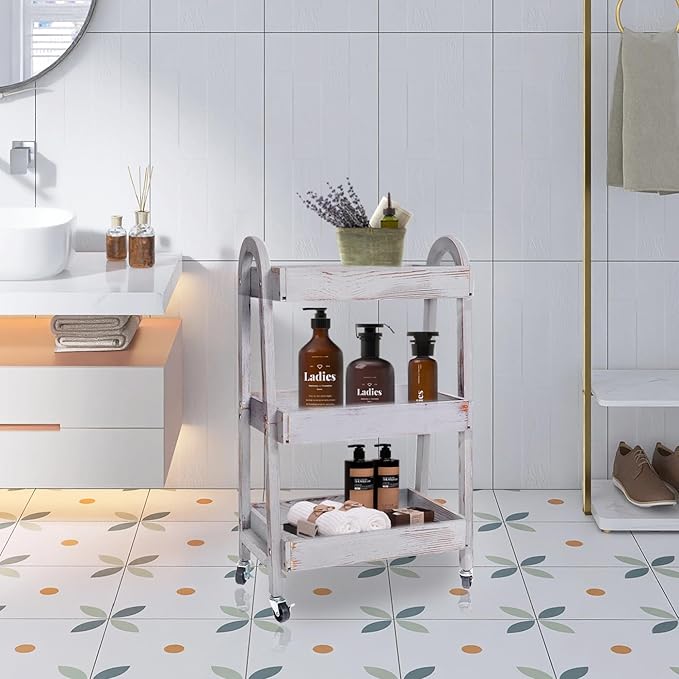 3-Tier Rolling Utility Cart with Lockable Wheels Storage Slim Storage Heavy Duty Cart Mobile Shelving Unit Craft Narrow Organizer for Bathroom Laundry Kitchen (Vintage Grey)