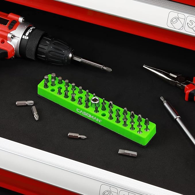 CASOMAN 1/4" Hex Bit Organizer with Magnetic Base - Green, 43 Hole Bit Organizer with Strong Magnetic Base, Magnetic Bit Organizer for Your Specialty