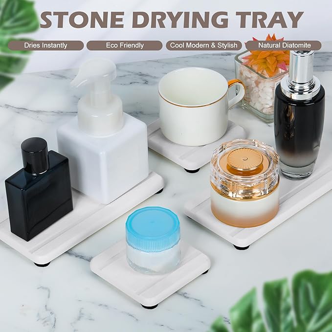 4PCS Stone Drying Trays for Bathroom Sink, Water Absorbing Stone Tray, Water Absorbent Diatomaceous Earth Tray and Coaster, Diatomite Soap Dish, Drying Stones Soap Trays for Kitchen Counter
