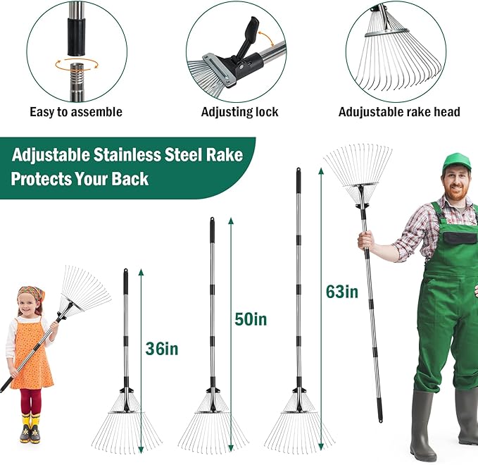 60Gallon Leaf Collector and Adjustable Metal Rake Set,Detachable 18 Tines Leaf Rake with Dustpan-Type Leaf Bag,Leaves Pick up Tool Set,Lawn and Leaf Collector Tool Kit for Lawn Yard Leaves,Shrub,Grass