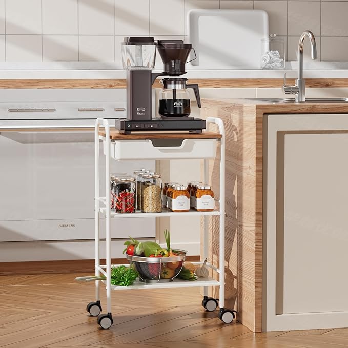 3 Tier Rolling Cart with Drawer, Metal Rolling Storage Cart with Table Top, Modern Utility Cart on Wheels Kitchen Cart Storage Organizer for Bathroom Office Living Room, White