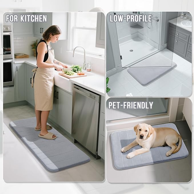 Yimobra Long Bath Mat 44"x24", Super Soft Quick Dry Memory Foam Bathroom Rug, Water Absorbent, Non Slip Backing Machine Washable for Tub Shower, Thick Comfort Support, Silver
