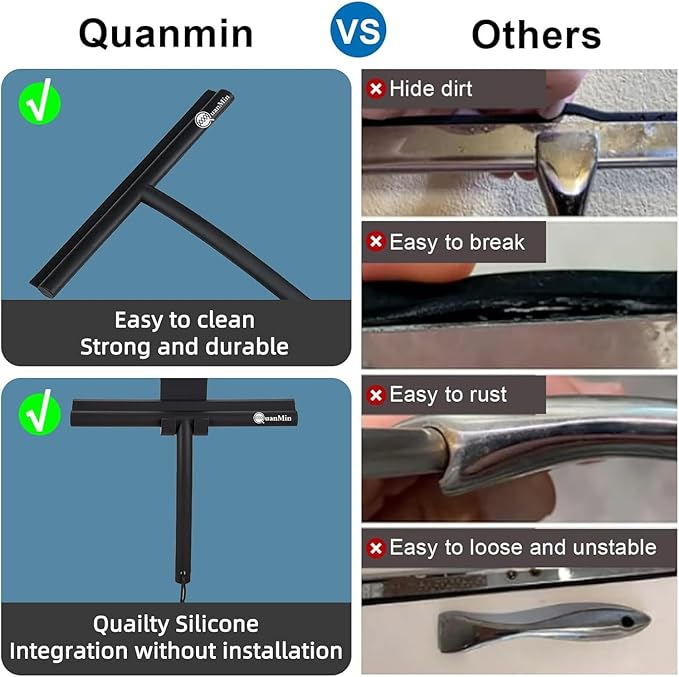 Upgrade Design Shower Squeegee with Hook, 11 inch Stainless Steel Core Glass Wiper, Multi-Purpose Glass Silicone Rubber Household Squeegees for Glass and Ceramic Doors Windows, Rounded Black