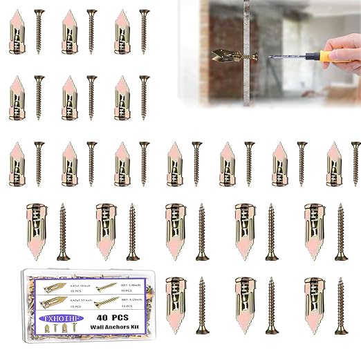 Self Drilling Drywall Anchors with Screws Kit 40Pcs - 2 Size Sheetrock Anchors & 2 Sizes Screw Sizes New Upgraded Zinc Plated Steel No Drill or Holes in Wall for TV, Wall Hanging, Cabinets