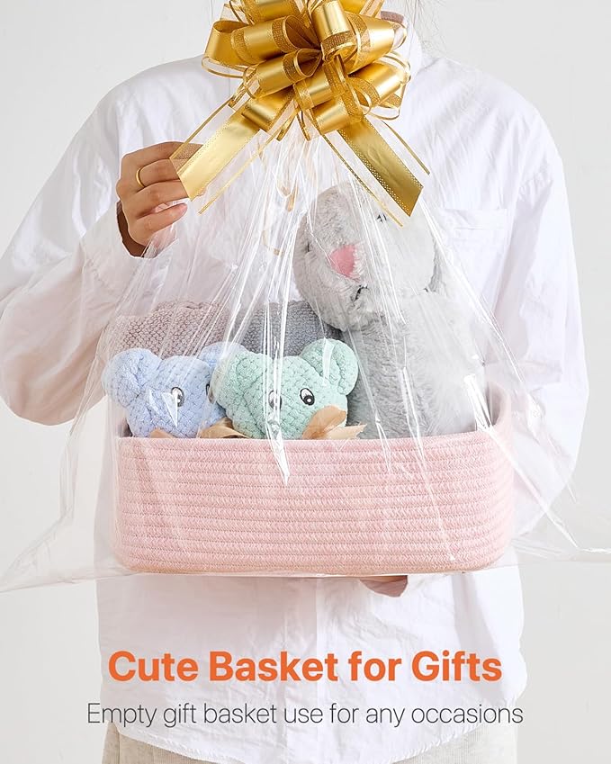 Small Woven Basket, 12 x 8 x 4.5 Inches, Storage Basket for Organizing, Cute Small Rope Shelf Closet Cube Storage Bins Baskets for Shelves, Dog Toy Gift Baskets Empty, 3 Pack Light Pink