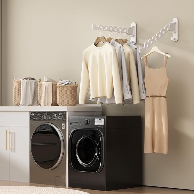 Danpoo Clothes Drying Rack Foldable Wall Mounted Laundry Drying Rack Clothing Coat Hanger Clothes Dryer White