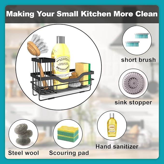 Sponge Holder for Kitchen Caddy Sink Organizer, Multifunctional Rustproof Dish Soap Sponge Caddy for Kitchen Sink Counter with Detachable Brush Holder & Drain Tray - Storage Kitchen & Home Accessories