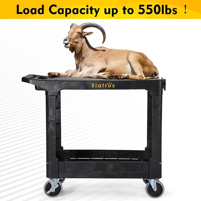 ELAFROS Heavy Duty Plastic Utility Cart, 37 x 18.8 in, Flat Top, Swivel Wheels, 550 lbs Capacity, Black