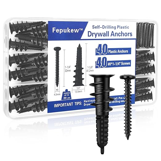 80PCS Self-Drilling #8 Drywall Anchors & Screws Set - Heavy-Duty Nylon+Glass Fiber, 80 LBS Load Capacity, Pre-Drill-Free, for Hanging Shelves/TV/Pictures - 40 Anchors + 40 Screws with Storage Case