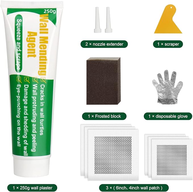 Drywall Repair Kit | 250g Safe Wall Mending Agent | 6pcs Wall Patches | Reusable Frosted Block | Scrapers | Easy Hole Filling for Aluminum, Metal, Plaster, Sheetrock & Ceiling