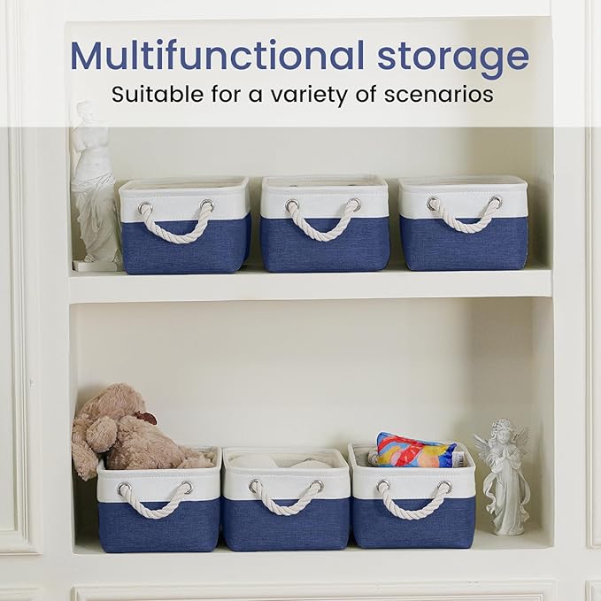 Storage Baskets for Shelves 11.8x7.9x5.2 Inch-Foldable Fabric Organizing Storage Bins with Handles, Closet & Bathroom Organizer, Home Storage for Kitchen, Office (6-Pack, White&Blue)