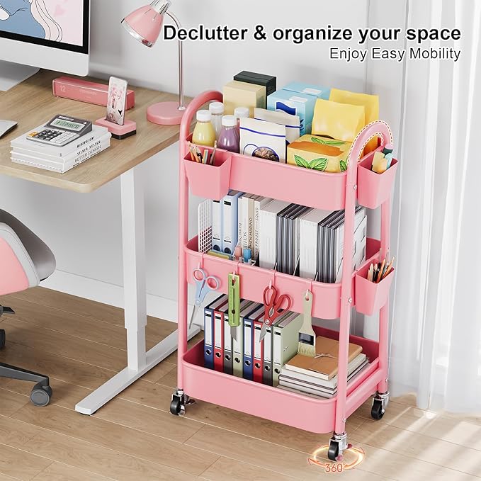 3 Tier Rolling Storage Cart Metal with Wheels, Pink Three Tiered Craft Cart Organizer on Wheels, Utility Carts for Baby Nursery, Diaper Caddy, Art, Book, Snack, Nail, Makeup, Bathroom Supplies, Mesh