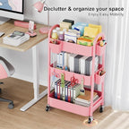 3 Tier Rolling Storage Cart Metal with Wheels, Pink Three Tiered Craft Cart Organizer on Wheels, Utility Carts for Baby Nursery, Diaper Caddy, Art, Book, Snack, Nail, Makeup, Bathroom Supplies, Mesh