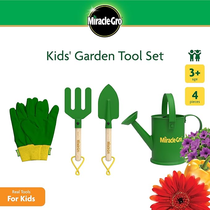 Red Toolbox Miracle-GRO 4 Piece Hand Garden Toolset for Kids Age 3+ with Hand Trowel, Hand Fork, Gloves and Watering Can