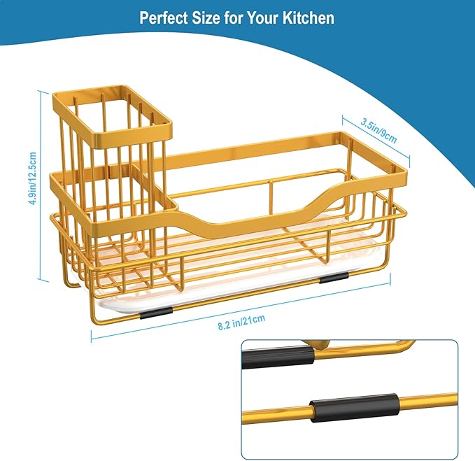 Vanwood Sponge Holder for Kitchen Sink Caddy Organizer With Brush Holder & Drain Tray, Rustproof Dish Soap Caddy for Counter - Storage & Home Accessories