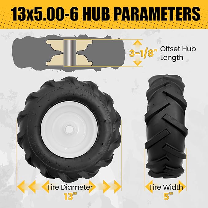 MZREXN 13x5.00-6" Tiller Tire and Wheel 2 Pack, 1" Axle Size, 3-1/8" Offset Hub, 4Ply Pneumatic, Compatible with Garden Trailer, Lug Tractor & Trencher, Tillers, and Lawn Mover Replacement Tire