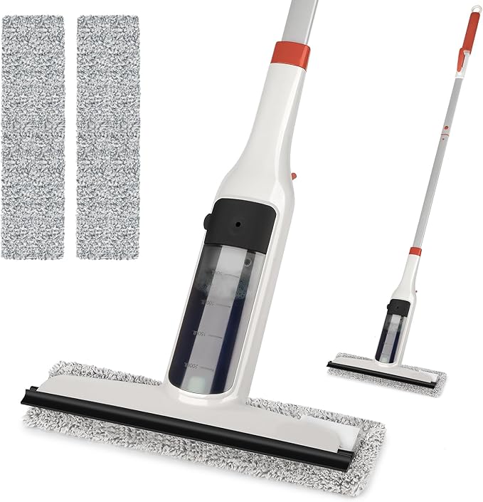 Spray Mop Window Cleaning Kit with Silicone Squeegee – Adjustable Aluminum Pole & Non-Slip Handle for Floors/Walls/Door/Windows/Cars/Bathroom, Detachable Tank & Washable Pads