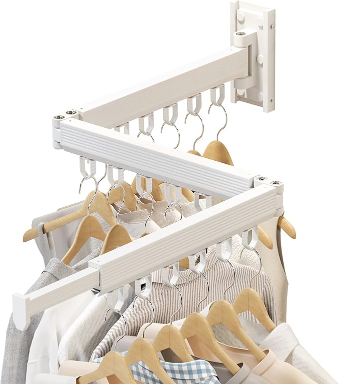 Wall Mounted Clothes Drying Rack, Retractable Laundry Rack for Hanging Clothes, Collapsible, Foldable, White-Rings