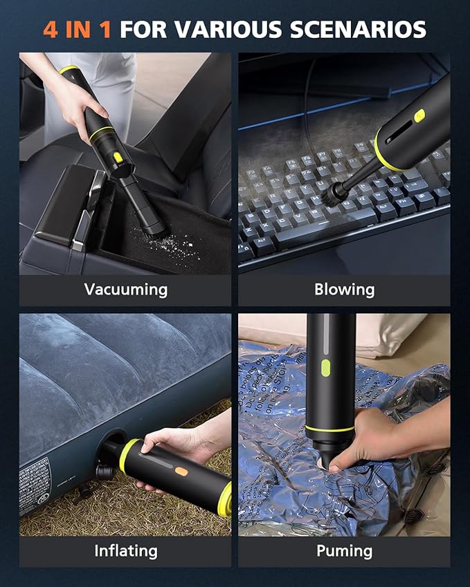Car Vacuum Portable with 16000Pa Powerful Suction, Handheld Vacuum Cordless Rechargeable Blow & Suction 4 in 1, Small Vacuum Cleaner for Car, Home, Office, Outdoor (Black Yellow)