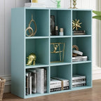 9-Cube Storage Shelf Bookcase - Wooden 3-Tier Floor Standing Open Bookshelf for Home and Office, Display Cabinet, Light Blue