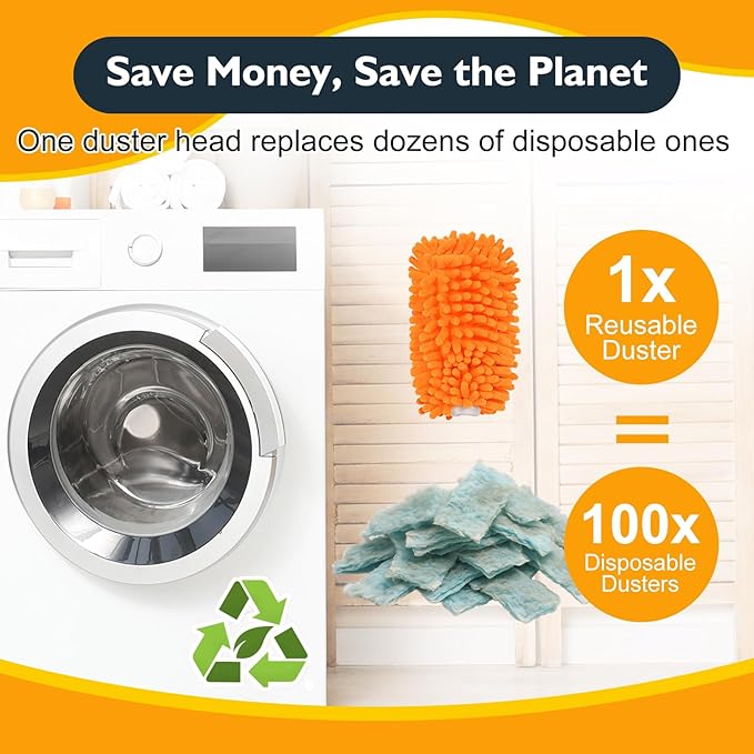 Microfiber Duster for Cleaning - 1 Handle & 8 Washable Refills, 360° Dust Cleaner for Home, Furniture, Ceiling Fans, Cobwebs – Dry & Wet Use, Eco-Friendly Alternative to Disposable Dusters