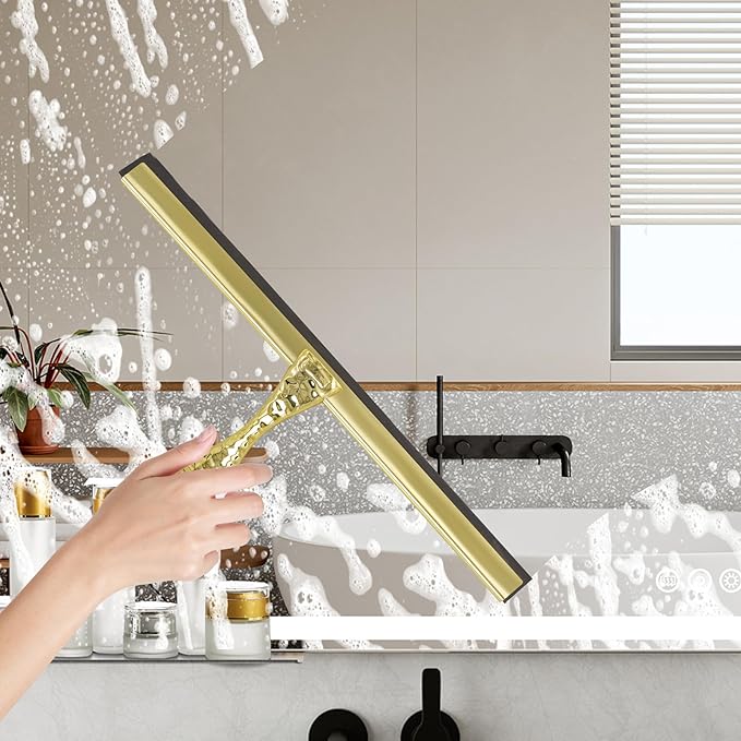 All-Purpose Silicone Shower Squeegee for Shower Glass Door,with 1 Hooks,for Bathroom Glass, Car, Tile Wall, Mirror Cleaning - Flower Shaped Handle for Easy-Grip 14 Inch Golden