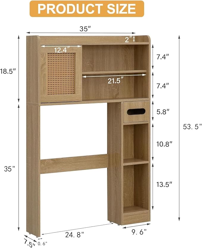 6Tier Over The Toilet Storage Cabinet, Freestanding Above Toilet Space Saver Rack w/Adjustable Shelves, Sliding Door, Multifunctional Over Toilet Organizer for Bathroom (Burlywood)