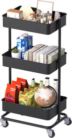 TECBOT 3 Tier Metal Rolling Cart with Wheels, Utility Storage Cart with Handle and Lockable Casters, Storage Basket Organizer Shelves, Easy Assemble for Kitchen, Living Room, Office, Nursery, Black