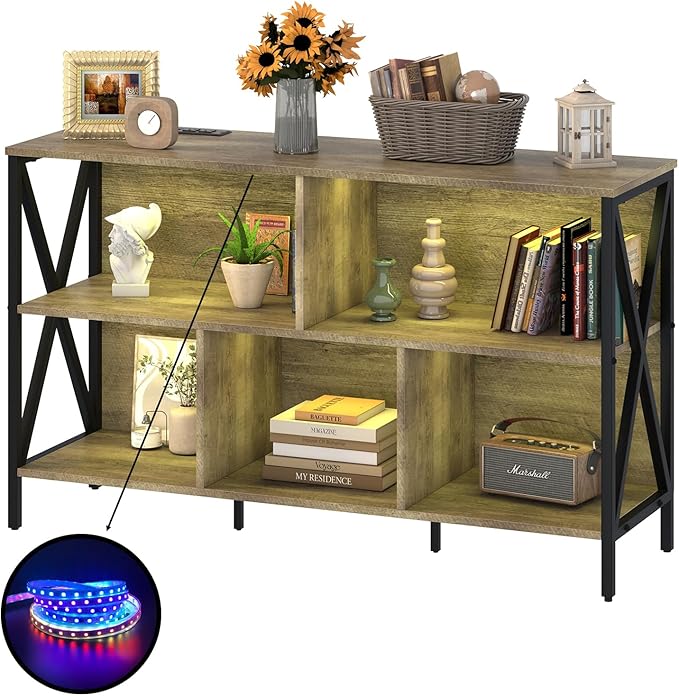 Horizontal Bookshelf,Industrial Modern 5 Cube Low Wide Cubby Bookcase with led Light,Long Wood and Metal Storage Organizer Open Shelf, Short Book Shelf Bedroom Storage for Home Office Living Room(Oak)