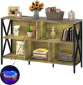 Horizontal Bookshelf,Industrial Modern 5 Cube Low Wide Cubby Bookcase with led Light,Long Wood and Metal Storage Organizer Open Shelf, Short Book Shelf Bedroom Storage for Home Office Living Room(Oak)