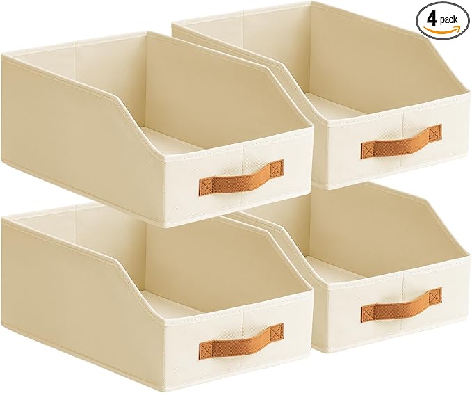 Fabric Storage Bins for Organizing - 4 Pack Large Trapezoid Collapsible Storage Bins with Front Handle, Closet Organizers and Storage for Bedroom, Home Shelves, Small Spaces, Beige