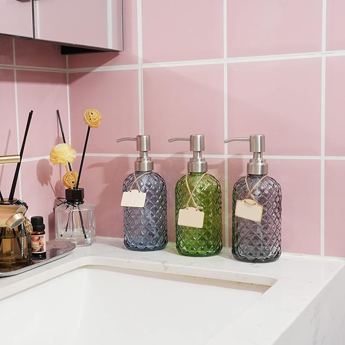 Bathroom & Kitchen Glass Hand and Dish Soap Dispenser with 304 Rustproof Stainless Steel Pump (Grey-2pack)