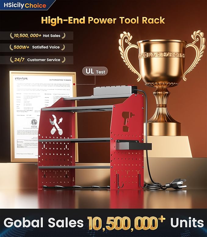 [2025 Upgraded] Power Tool Organizer Wall Mount with Charging Station, [5-Layer 220 LBS Heavy Duty], Metal Garage Tool Organizer Storage, Tool Battery Utility Racks for Room Garage Workshop Workbench