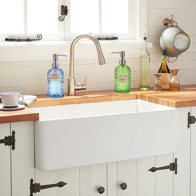 Bathroom & Kitchen Glass Hand and Dish Soap Dispenser with 304 Rustproof Stainless Steel Pump (Green-2pack)