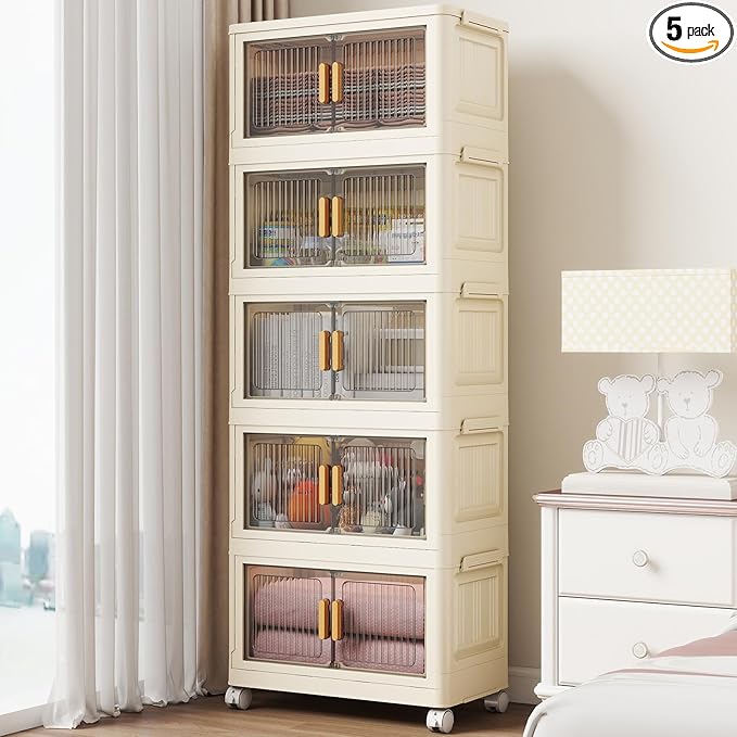 5 Tier Stackable Plastic Storage Bins with Lids 48QT, Collapsible Closet Organizers and Storage with Wheels for Living Room,Office,Dorm