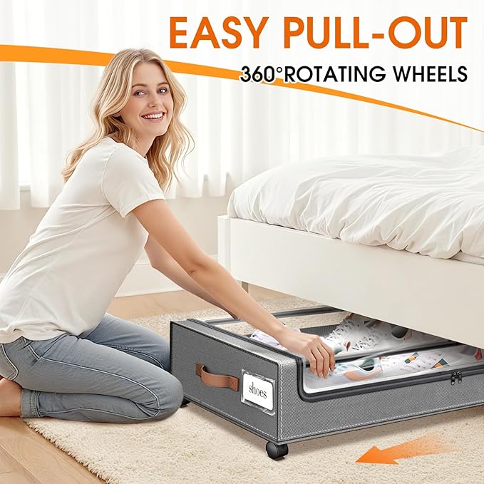 SpaceHacks Under Bed Storage with Wheels 3Pack Underbed Storage with Clear Window&Label Under Bed Drawers Large Capacity Rolling Under Bed Storage for Clothes,Shoes, Blankets (Light Grey)