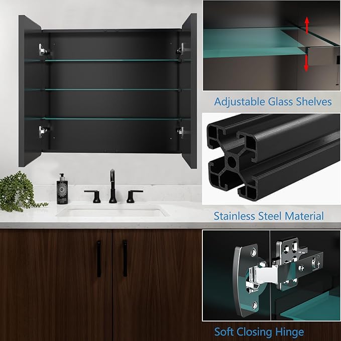 Bathroom Medicine Cabinet with 30"x26" Black Stainless Steel Framed Mirror,Recessed or Surface Mounted Bathroom Mirror Cabinet,Storage Cabinet with Double Door