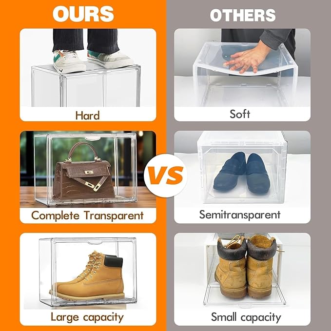 5 Pack X-Large Acrylic Shoe Box Size 14, Clear Sneaker Shoe Display Case Transparent Stackable Storage Box Purse Handbag Organizer, Figure Collectibles Showcase, Fit Underbed, Closet, Bathroom
