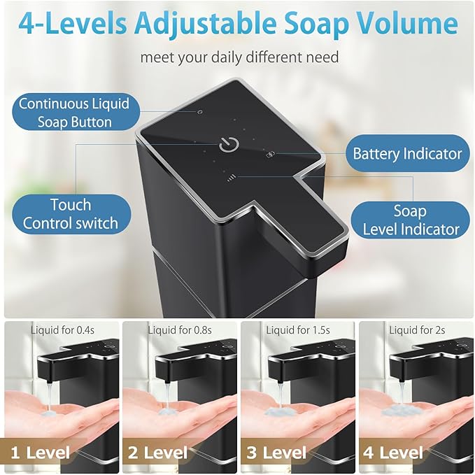 Automatic Liquid Soap Dispenser Touchless Soap Dispenser 380ml/12.8oz Rechargeable, Wall Mounted,4 Levels Adjustable Auto Soap Pump for Bathroom Kitchen Dish Soap