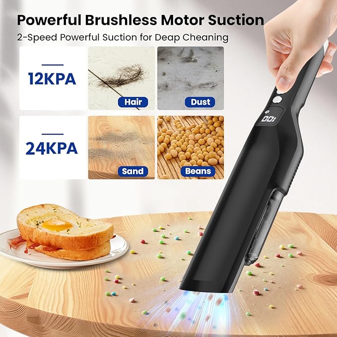Cordless Handheld Vacuum, 24Kpa Strong Suction Car Vacuum with Brushless Motor, Charging Dock, 2in1 Flat Nozzle, Sofa Brush, 1.5lb Portable HandHeld Vacuum with 2-Speed for Home, Car, Pet, Office